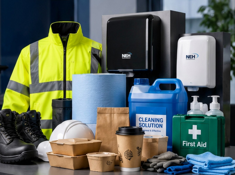 Hi-vis jacket, safety boots, blue roll, cleaning chemicals, food packaging and a first aid kit