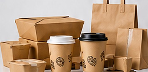 Takeaway boxes, coffee cups and paper bags